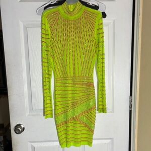 Banjul Yellow and Green Embellished Bodycon Dress Mock Neck Long Sleeve